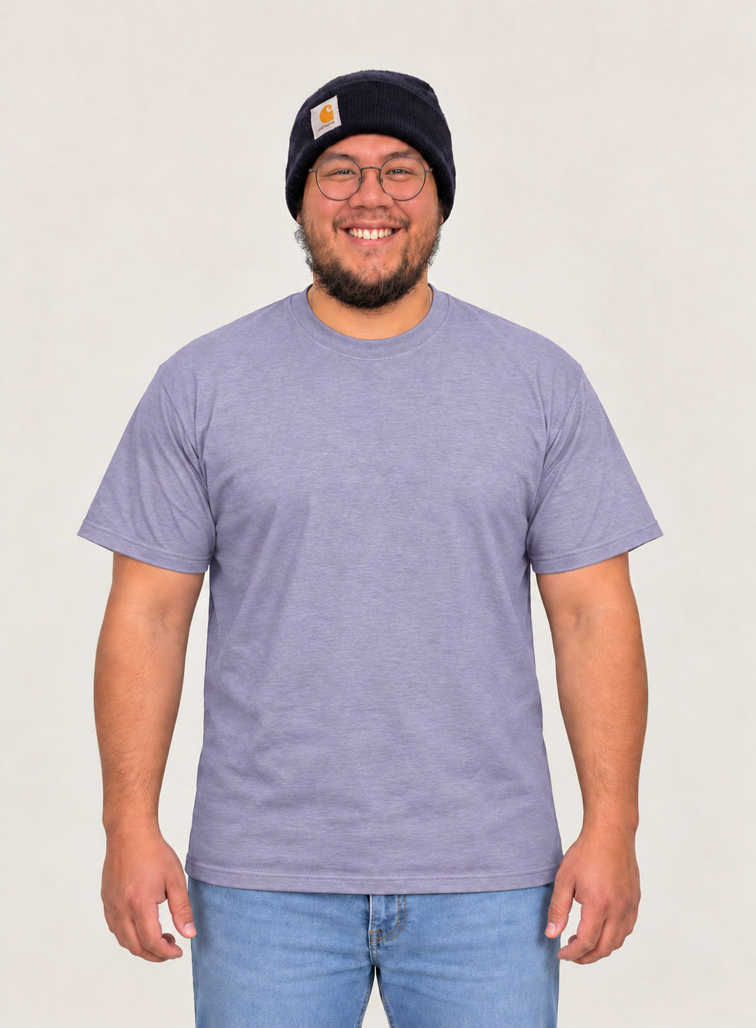 IzzRaw Inks model wearing a Deep Purple HTR T-shirt