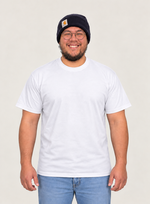 IzzRaw Inks model wearing a white T-shirt