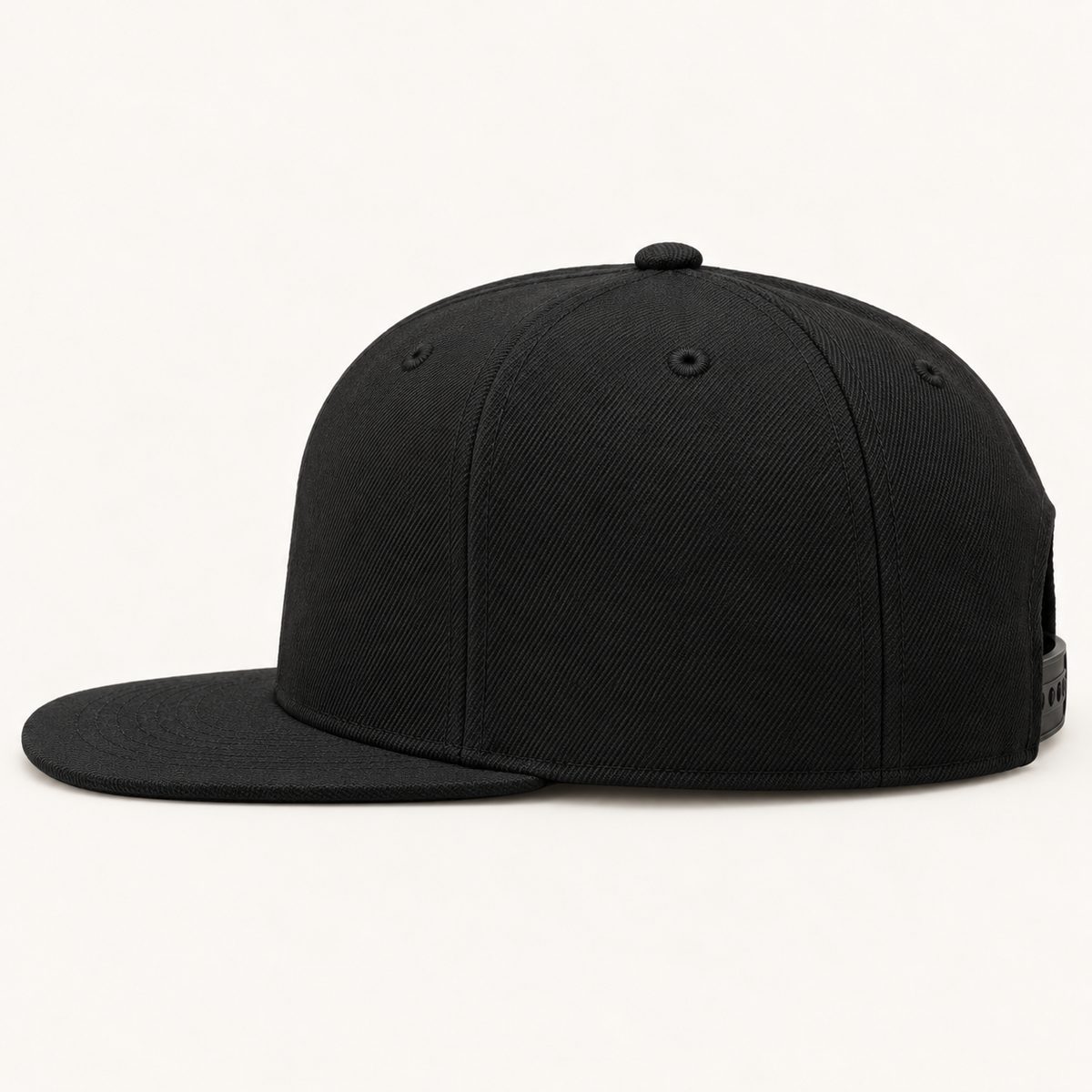 Blank black snapback viewed from the side for custom decoration